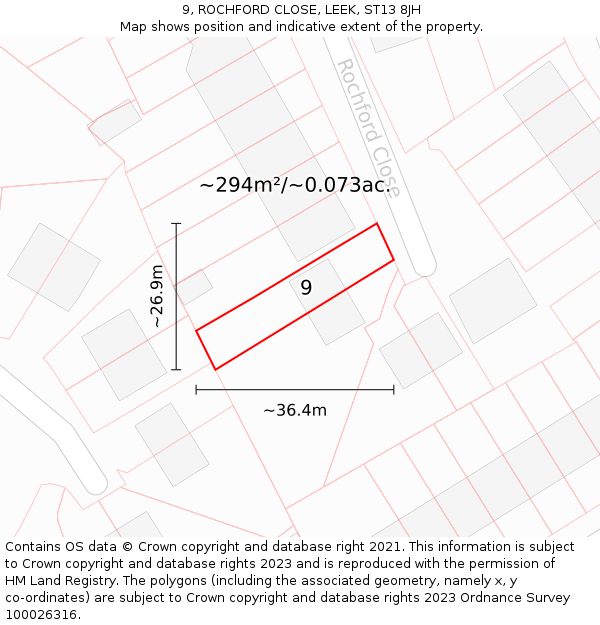 9, ROCHFORD CLOSE, LEEK, ST13 8JH: Plot and title map