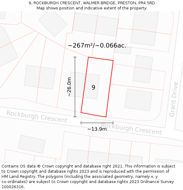 9, ROCKBURGH CRESCENT, WALMER BRIDGE, PRESTON, PR4 5RD: Plot and title map