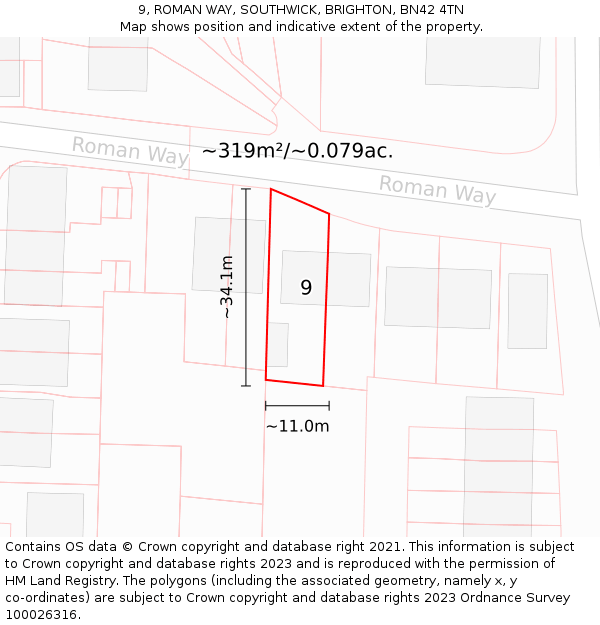 9, ROMAN WAY, SOUTHWICK, BRIGHTON, BN42 4TN: Plot and title map