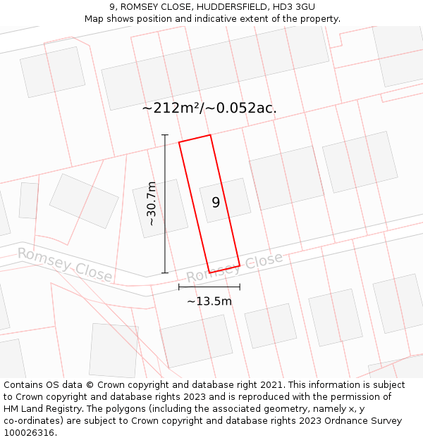9, ROMSEY CLOSE, HUDDERSFIELD, HD3 3GU: Plot and title map