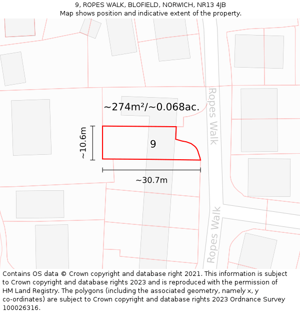 9, ROPES WALK, BLOFIELD, NORWICH, NR13 4JB: Plot and title map
