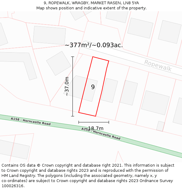 9, ROPEWALK, WRAGBY, MARKET RASEN, LN8 5YA: Plot and title map