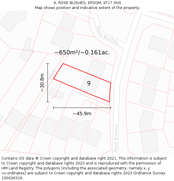 9, ROSE BUSHES, EPSOM, KT17 3NS: Plot and title map