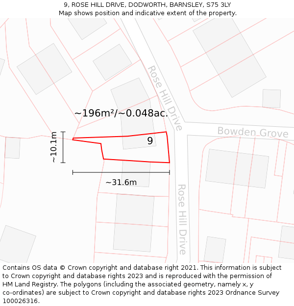 9, ROSE HILL DRIVE, DODWORTH, BARNSLEY, S75 3LY: Plot and title map