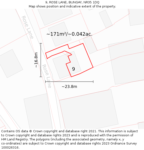 9, ROSE LANE, BUNGAY, NR35 1DQ: Plot and title map