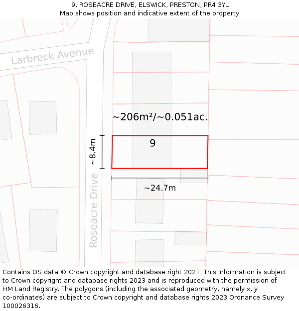 9, ROSEACRE DRIVE, ELSWICK, PRESTON, PR4 3YL: Plot and title map