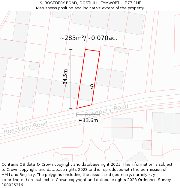 9, ROSEBERY ROAD, DOSTHILL, TAMWORTH, B77 1NF: Plot and title map