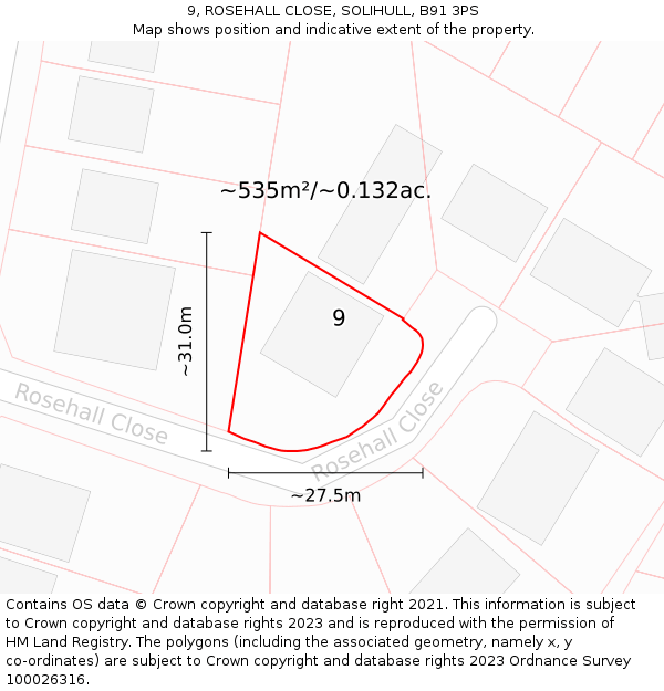 9, ROSEHALL CLOSE, SOLIHULL, B91 3PS: Plot and title map