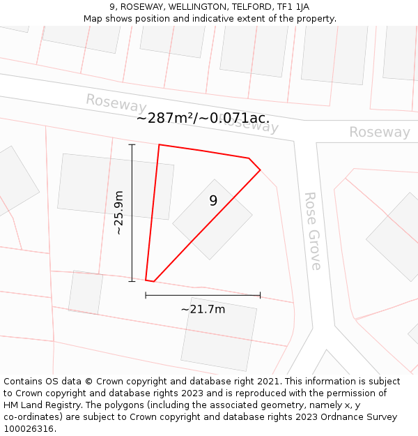 9, ROSEWAY, WELLINGTON, TELFORD, TF1 1JA: Plot and title map