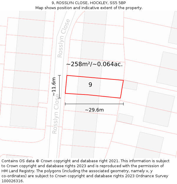 9, ROSSLYN CLOSE, HOCKLEY, SS5 5BP: Plot and title map