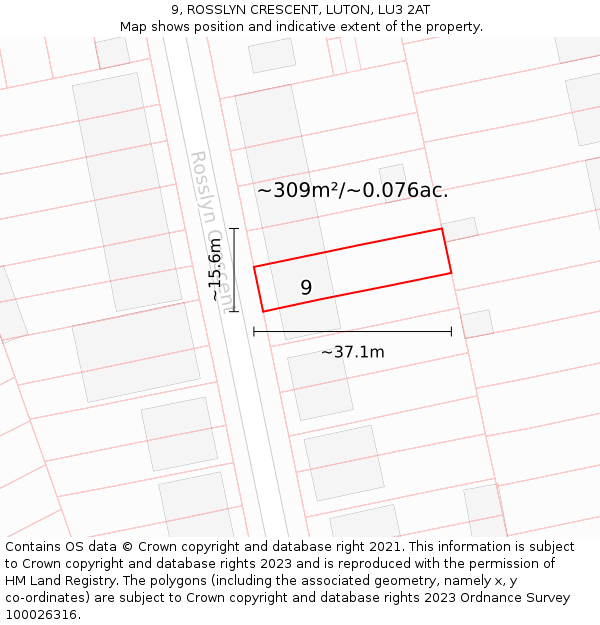 9, ROSSLYN CRESCENT, LUTON, LU3 2AT: Plot and title map