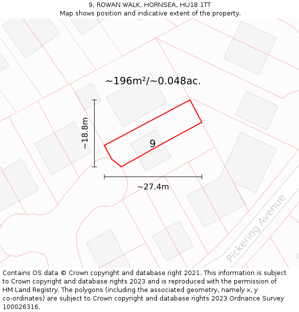9, ROWAN WALK, HORNSEA, HU18 1TT: Plot and title map