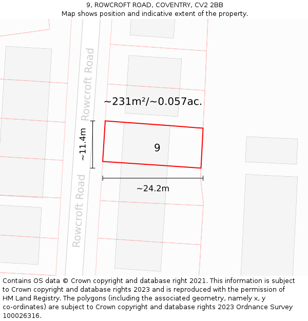 9, ROWCROFT ROAD, COVENTRY, CV2 2BB: Plot and title map