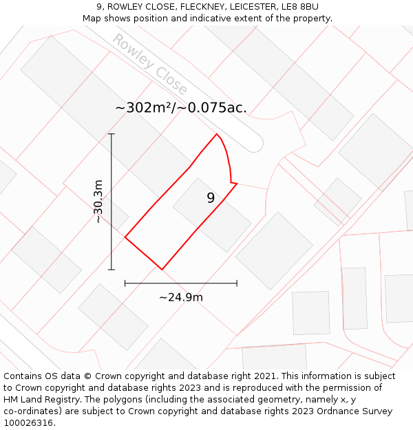 9, ROWLEY CLOSE, FLECKNEY, LEICESTER, LE8 8BU: Plot and title map