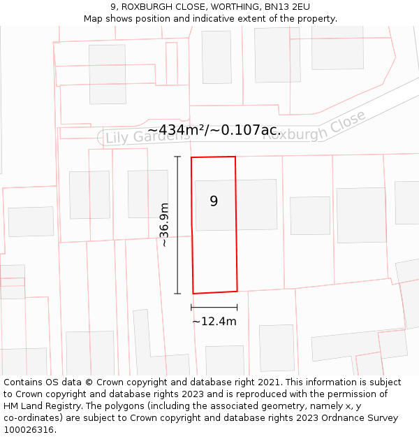9, ROXBURGH CLOSE, WORTHING, BN13 2EU: Plot and title map