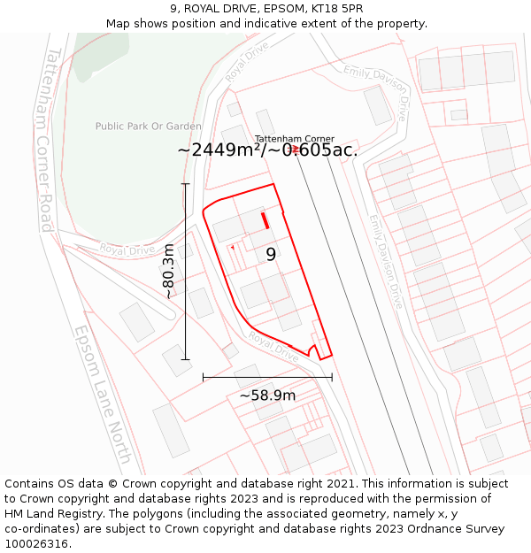 9, ROYAL DRIVE, EPSOM, KT18 5PR: Plot and title map