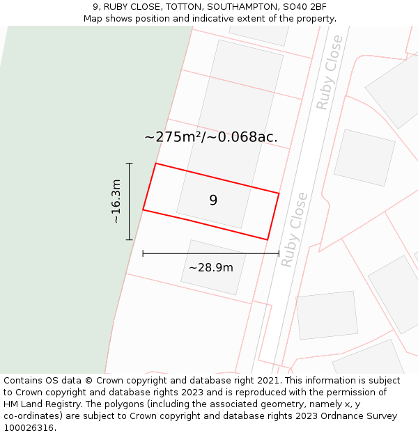 9, RUBY CLOSE, TOTTON, SOUTHAMPTON, SO40 2BF: Plot and title map
