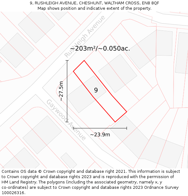 9, RUSHLEIGH AVENUE, CHESHUNT, WALTHAM CROSS, EN8 8QF: Plot and title map