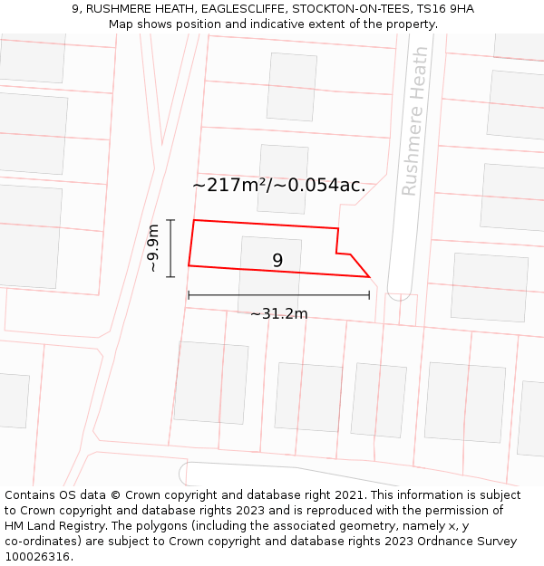 9, RUSHMERE HEATH, EAGLESCLIFFE, STOCKTON-ON-TEES, TS16 9HA: Plot and title map