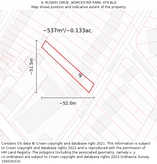 9, RUSKIN DRIVE, WORCESTER PARK, KT4 8LG: Plot and title map