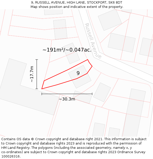 9, RUSSELL AVENUE, HIGH LANE, STOCKPORT, SK6 8DT: Plot and title map
