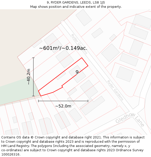 9, RYDER GARDENS, LEEDS, LS8 1JS: Plot and title map