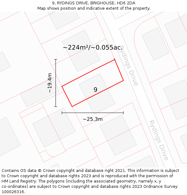 9, RYDINGS DRIVE, BRIGHOUSE, HD6 2DA: Plot and title map