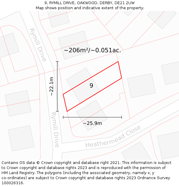 9, RYMILL DRIVE, OAKWOOD, DERBY, DE21 2UW: Plot and title map
