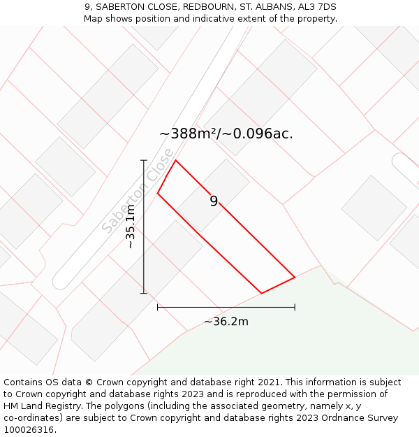 9, SABERTON CLOSE, REDBOURN, ST. ALBANS, AL3 7DS: Plot and title map
