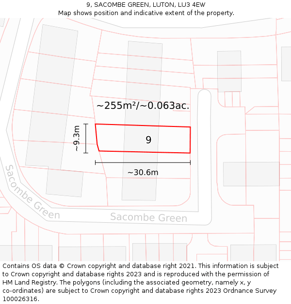 9, SACOMBE GREEN, LUTON, LU3 4EW: Plot and title map