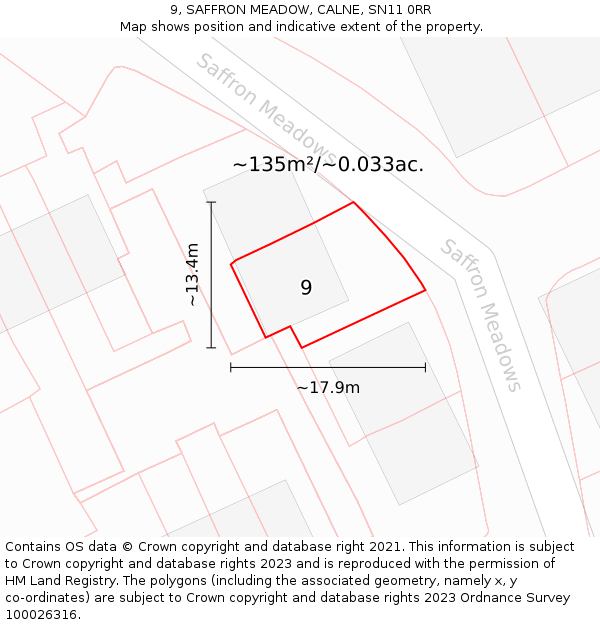 9, SAFFRON MEADOW, CALNE, SN11 0RR: Plot and title map