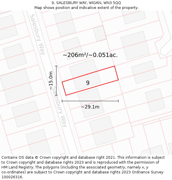 9, SALESBURY WAY, WIGAN, WN3 5QQ: Plot and title map