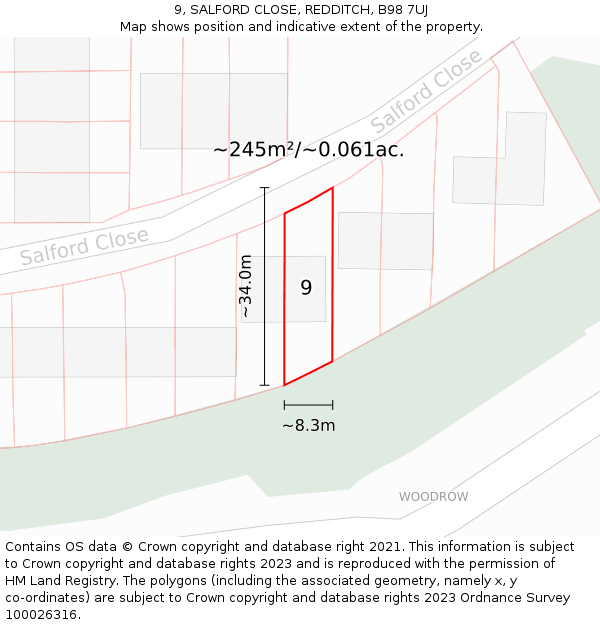 9, SALFORD CLOSE, REDDITCH, B98 7UJ: Plot and title map