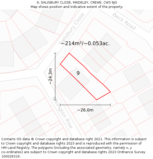 9, SALISBURY CLOSE, MADELEY, CREWE, CW3 9JG: Plot and title map
