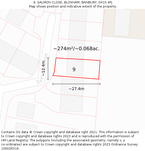 9, SALMON CLOSE, BLOXHAM, BANBURY, OX15 4PJ: Plot and title map