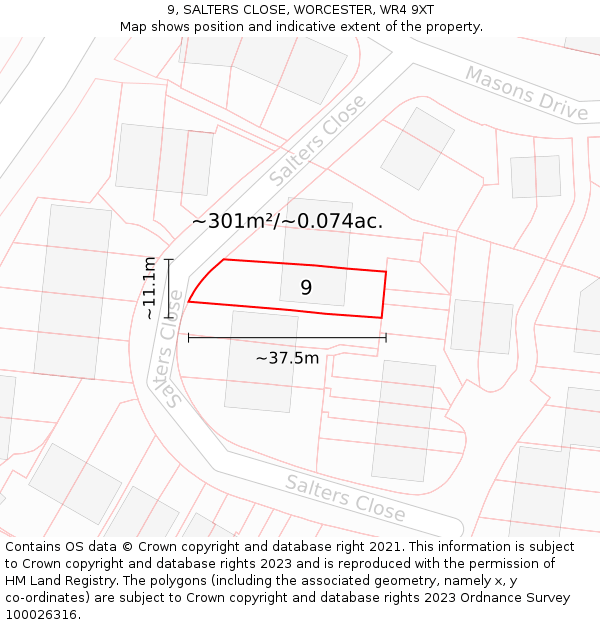 9, SALTERS CLOSE, WORCESTER, WR4 9XT: Plot and title map
