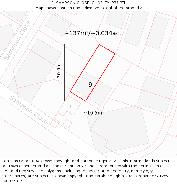 9, SAMPSON CLOSE, CHORLEY, PR7 3TL: Plot and title map
