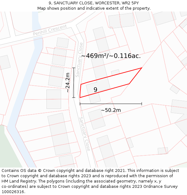 9, SANCTUARY CLOSE, WORCESTER, WR2 5PY: Plot and title map