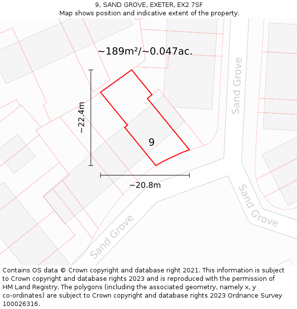 9, SAND GROVE, EXETER, EX2 7SF: Plot and title map