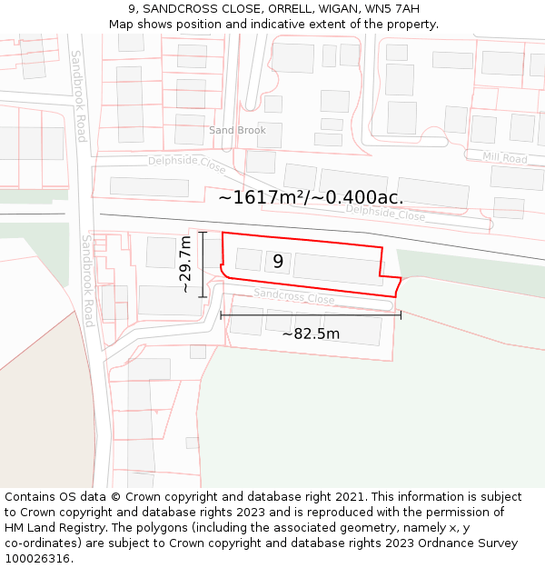 9, SANDCROSS CLOSE, ORRELL, WIGAN, WN5 7AH: Plot and title map