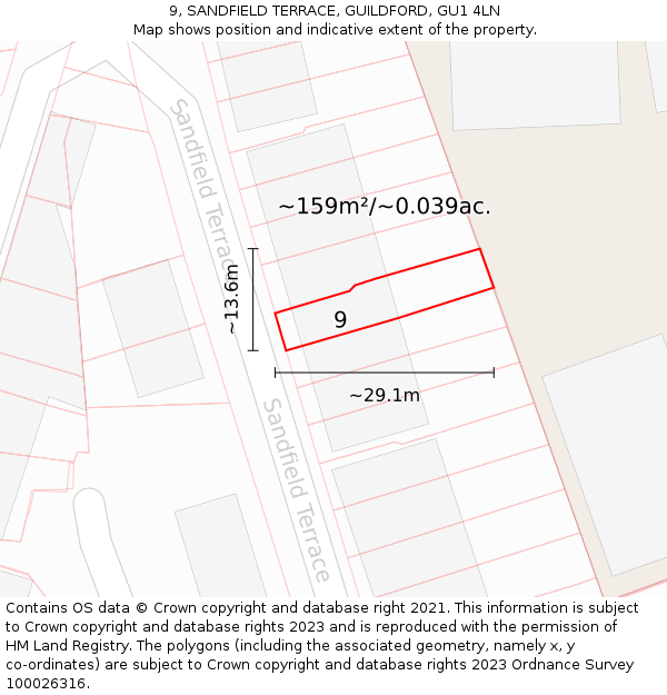 9, SANDFIELD TERRACE, GUILDFORD, GU1 4LN: Plot and title map