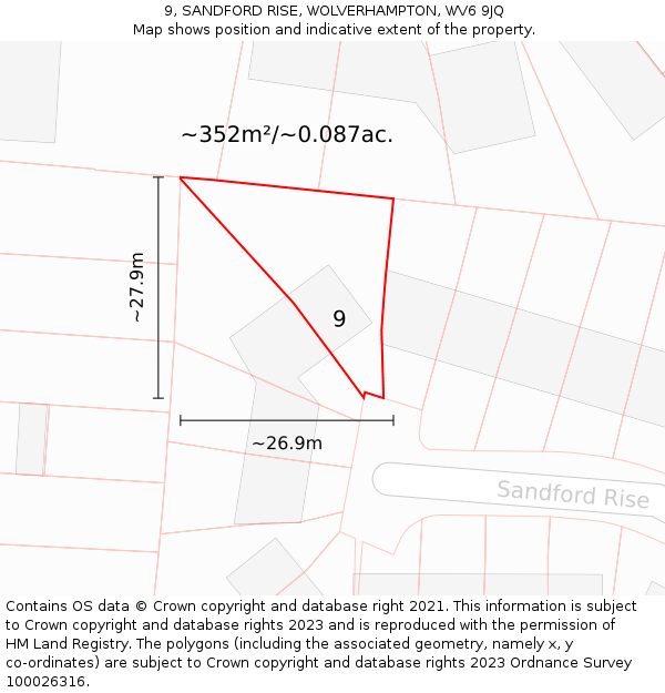 9, SANDFORD RISE, WOLVERHAMPTON, WV6 9JQ: Plot and title map