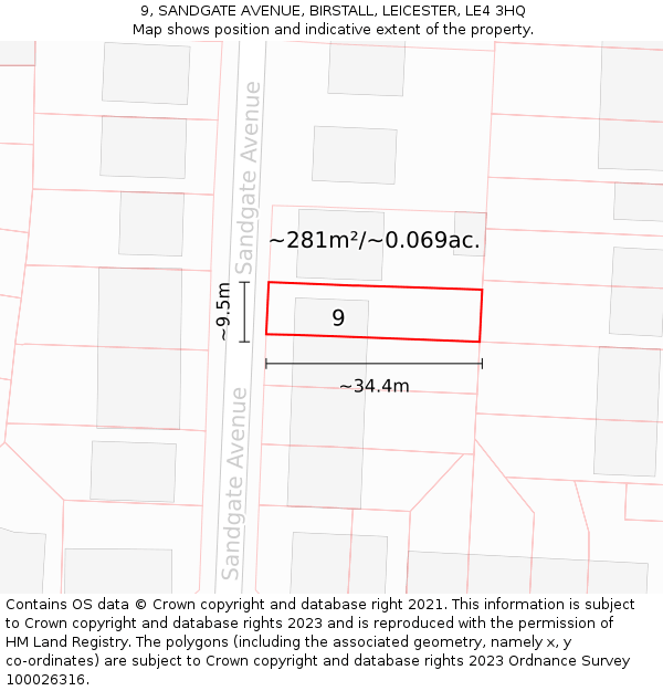9, SANDGATE AVENUE, BIRSTALL, LEICESTER, LE4 3HQ: Plot and title map
