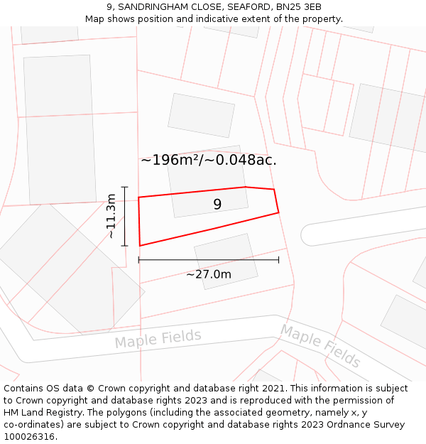 9, SANDRINGHAM CLOSE, SEAFORD, BN25 3EB: Plot and title map