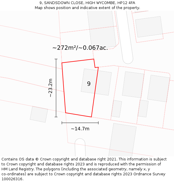 9, SANDSDOWN CLOSE, HIGH WYCOMBE, HP12 4FA: Plot and title map
