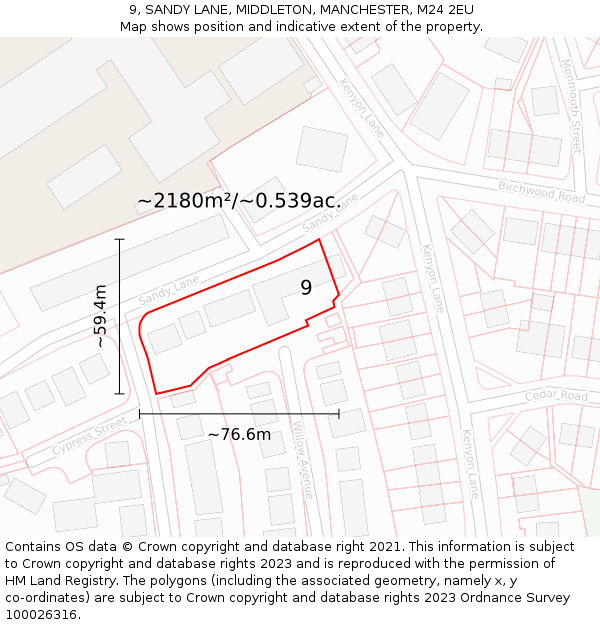 9, SANDY LANE, MIDDLETON, MANCHESTER, M24 2EU: Plot and title map