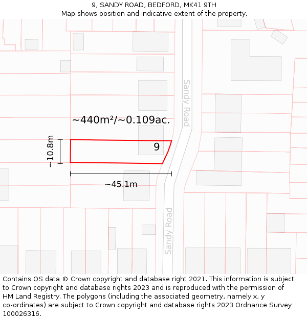 9, SANDY ROAD, BEDFORD, MK41 9TH: Plot and title map