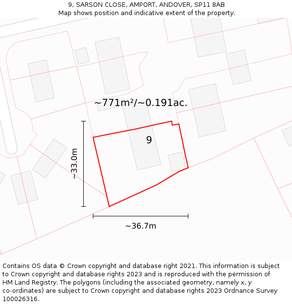9, SARSON CLOSE, AMPORT, ANDOVER, SP11 8AB: Plot and title map