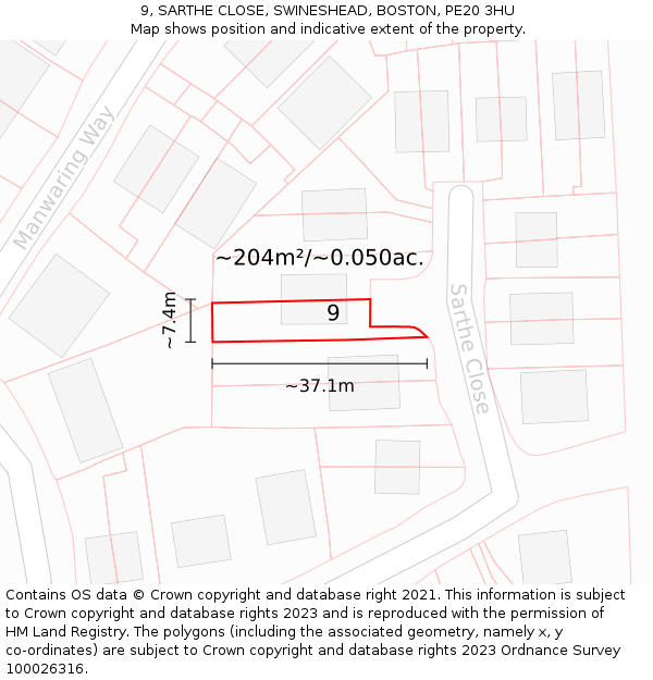 9, SARTHE CLOSE, SWINESHEAD, BOSTON, PE20 3HU: Plot and title map