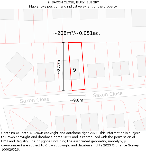 9, SAXON CLOSE, BURY, BL8 2RY: Plot and title map